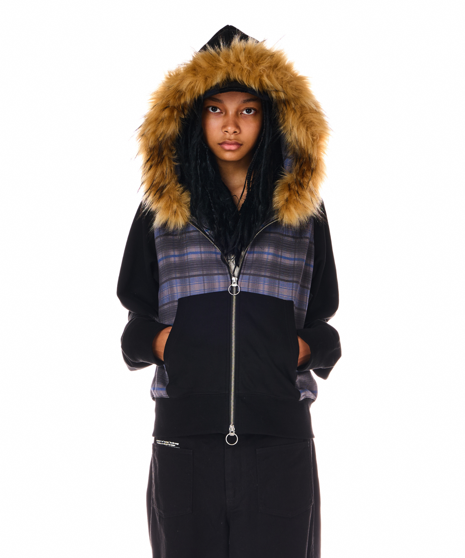 CHECK PRINT ZIP UP FUR HOODIE – BEEDEN